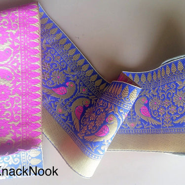 Gold, Blue And Fuchsia Pink Fabric Lace, Parrots And Floral Design Embroidery